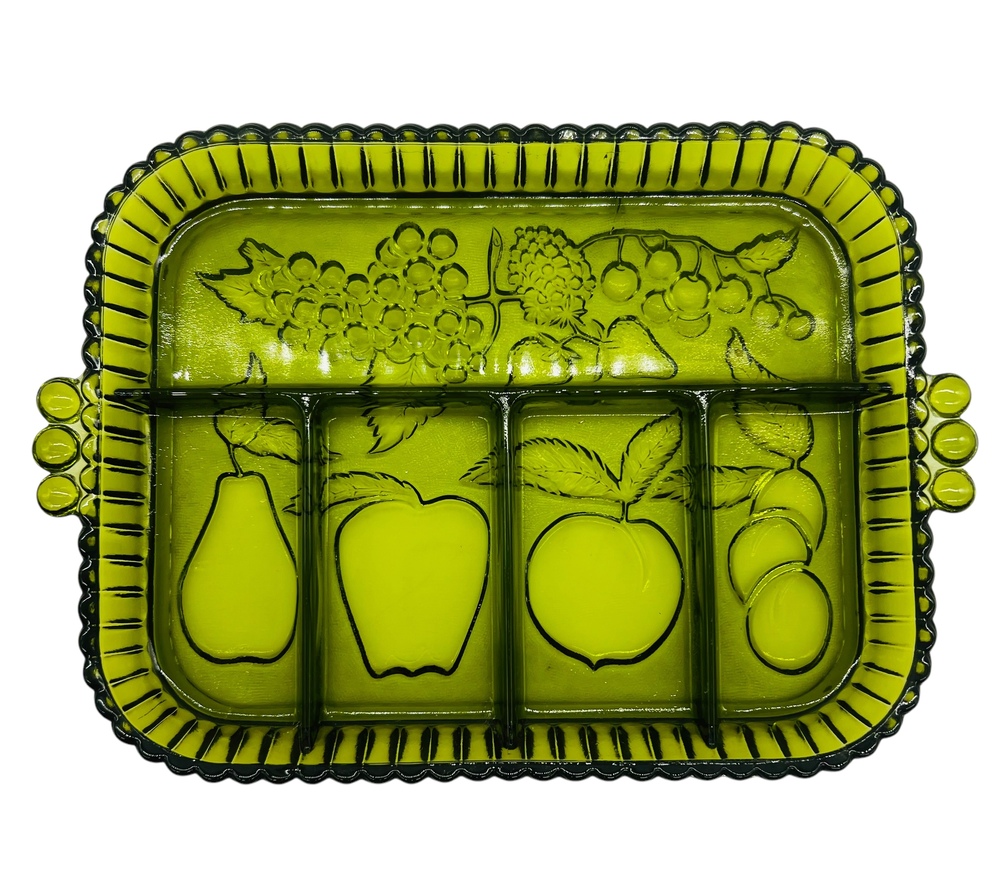 Indiana‎ Glass Co. 5 Part Relish Tray Fruit Pattern Green 12" Vintage Party Food